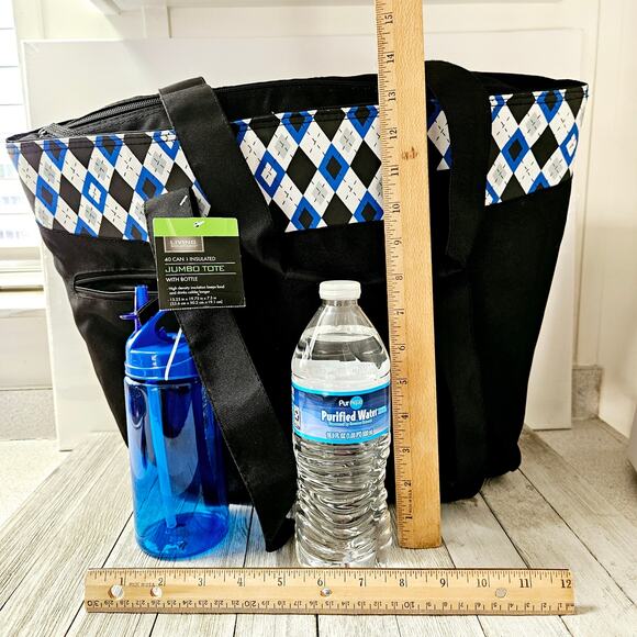 Jumbo Tote Insulated Black and Blue Zippered Shoulder Carryall Bag with Diamond - Picture 5 of 16